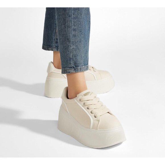 Lucky Step Women Beige Platform Low Top Classic Wedge Retro Canvas Sneakers - Picture 7 of 9